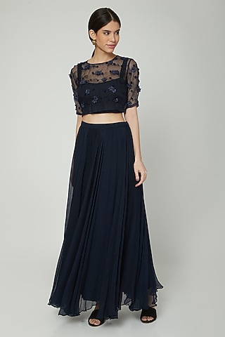 Navy Blue Embroidered Skirt Set by ILK by Shikha and Vinita