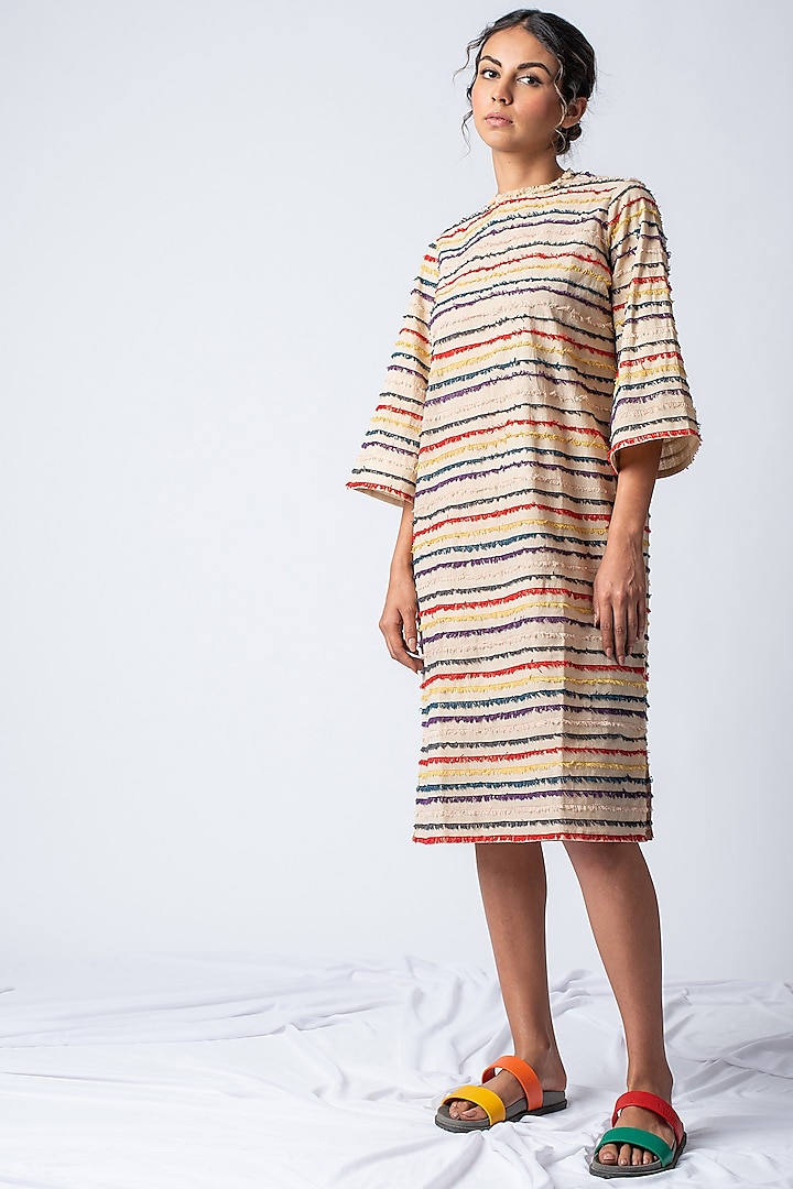 Beige Embroidered Striped Dress by ILk by Shikha and Vinita at Pernia's Pop Up Shop