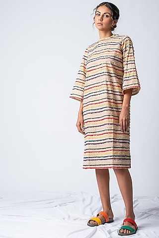 Beige Embroidered Striped Dress by ILk by Shikha and Vinita
