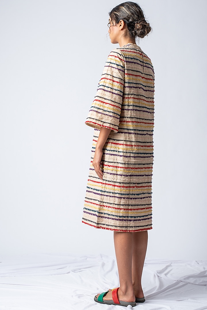 Beige Embroidered Striped Summer Dress by ILk by Shikha and Vinita at Pernia's Pop Up Shop