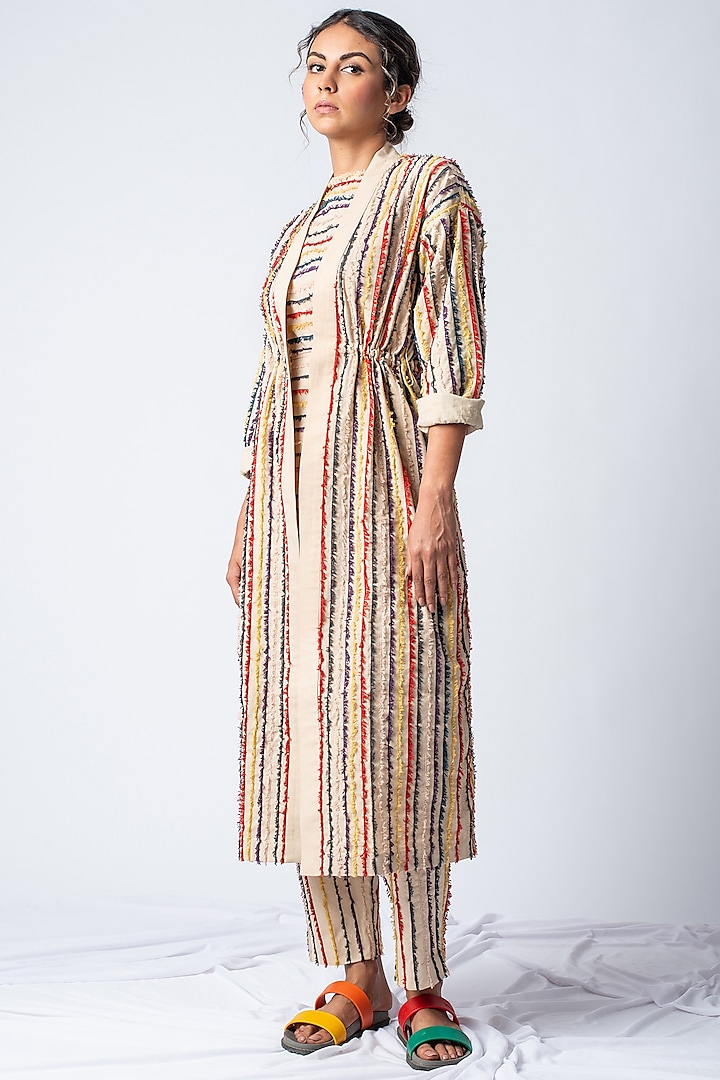 Beige Embroidered Striped Jacket by ILk by Shikha and Vinita
