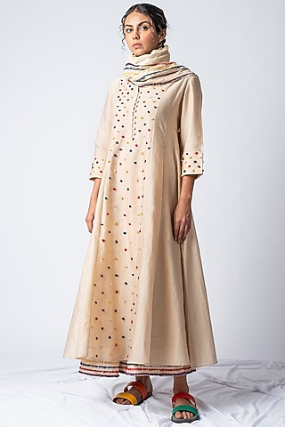 Beige Embroidered Kurta Set by ILk by Shikha and Vinita