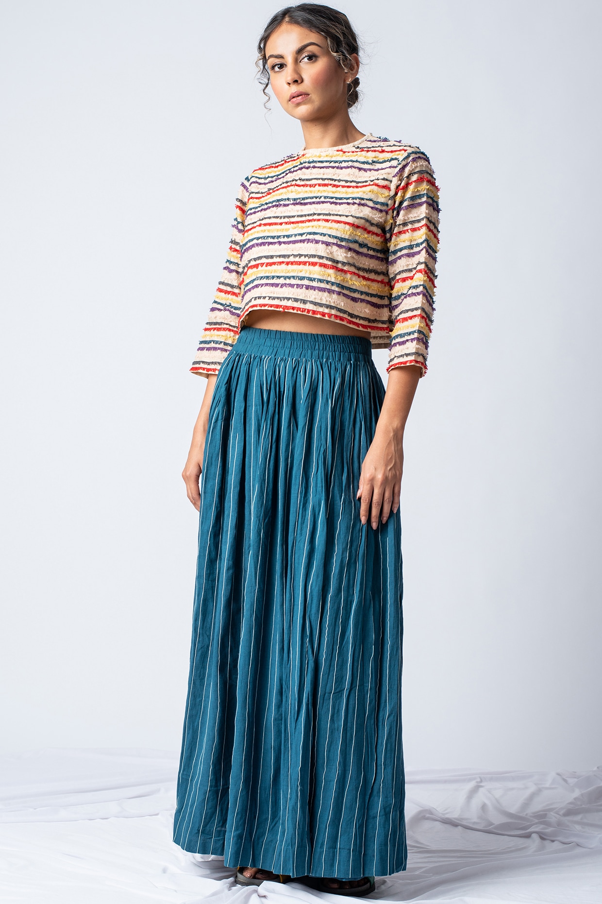 Teal Embroidered Striped Skirt Design 