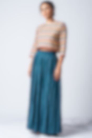 Teal Embroidered Striped Skirt by ILk by Shikha and Vinita