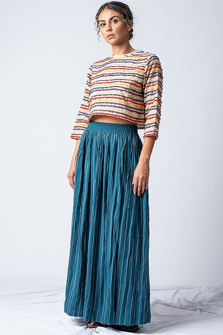 Teal Embroidered Striped Skirt by ILk by Shikha and Vinita