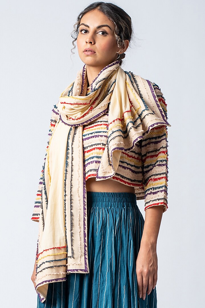 Beige Embroidered & Striped Scarf by ILk by Shikha and Vinita