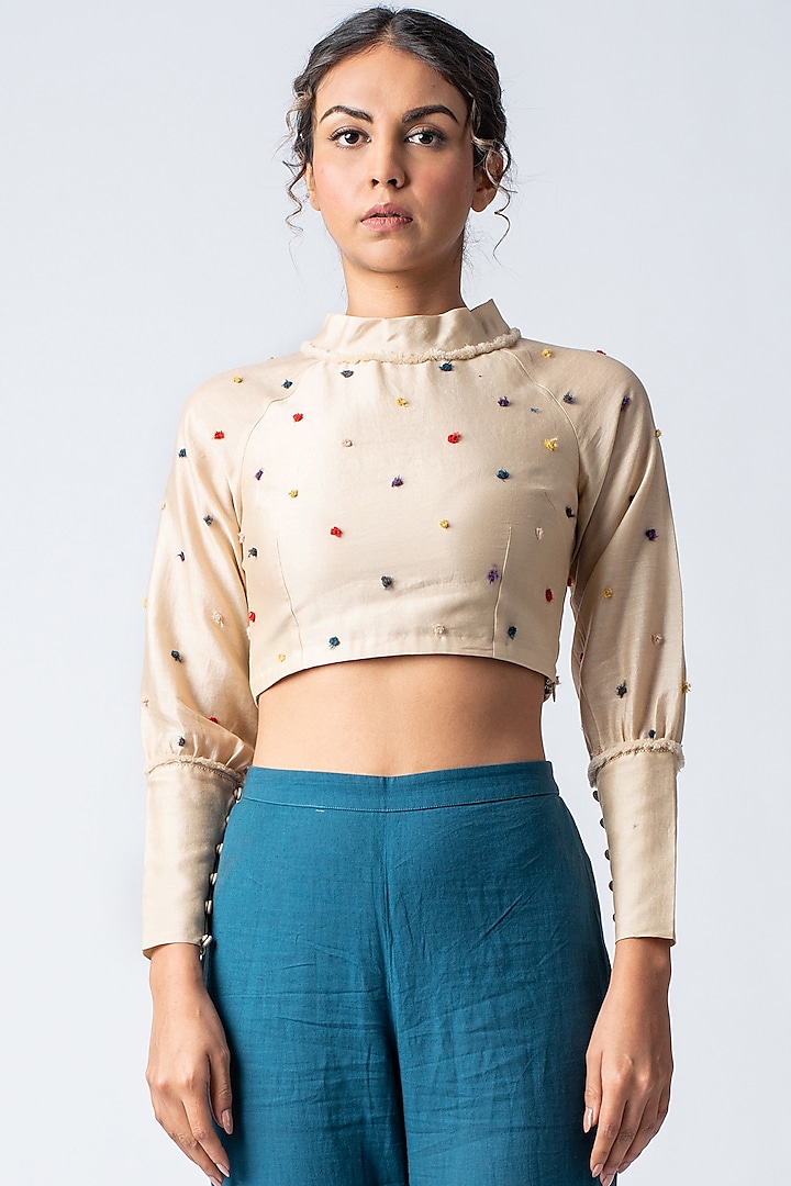 Beige Embroidered Blouse by ILk by Shikha and Vinita at Pernia's Pop Up Shop