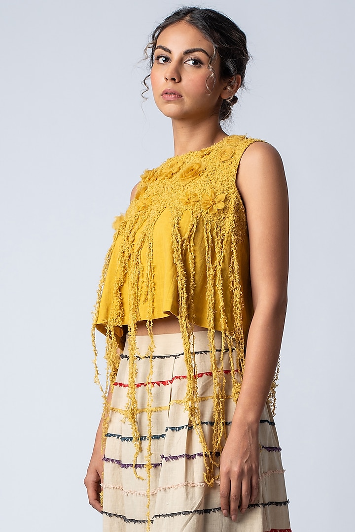 Mustard Yellow Floral Embroidered Crop Top by ILk by Shikha and Vinita