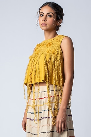 Mustard Yellow Floral Embroidered Crop Top by ILk by Shikha and Vinita