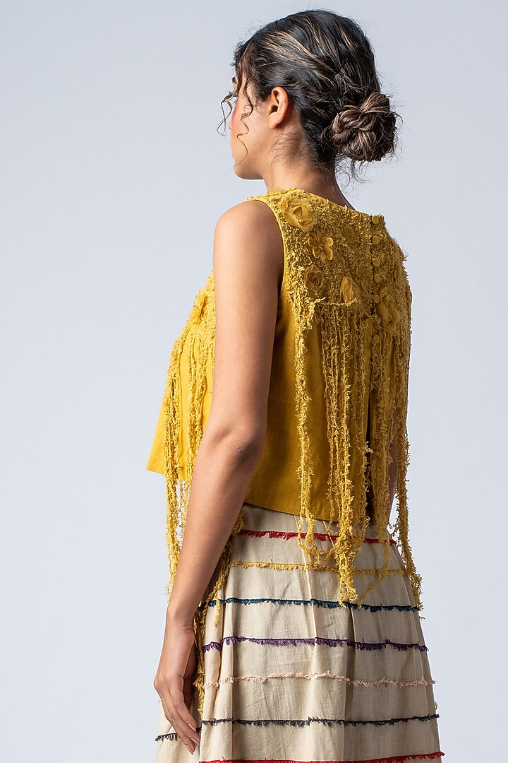 Mustard Yellow Floral Embroidered Crop Top by ILk by Shikha and Vinita at Pernia's Pop Up Shop