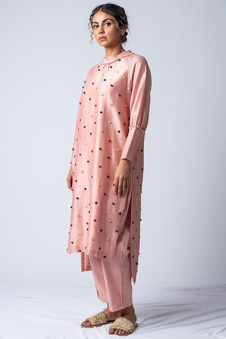 Pink Embroidered Kurta With Leg-O-Mutton Sleeves by ILk by Shikha and Vinita
