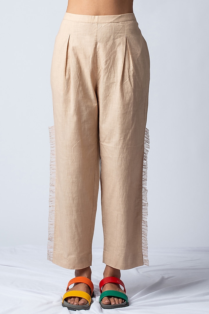 Beige Applique Embroidered Pants by ILk by Shikha and Vinita