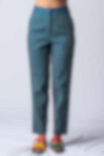 Teal Blue Striped & Embroidered Pants by ILk by Shikha and Vinita