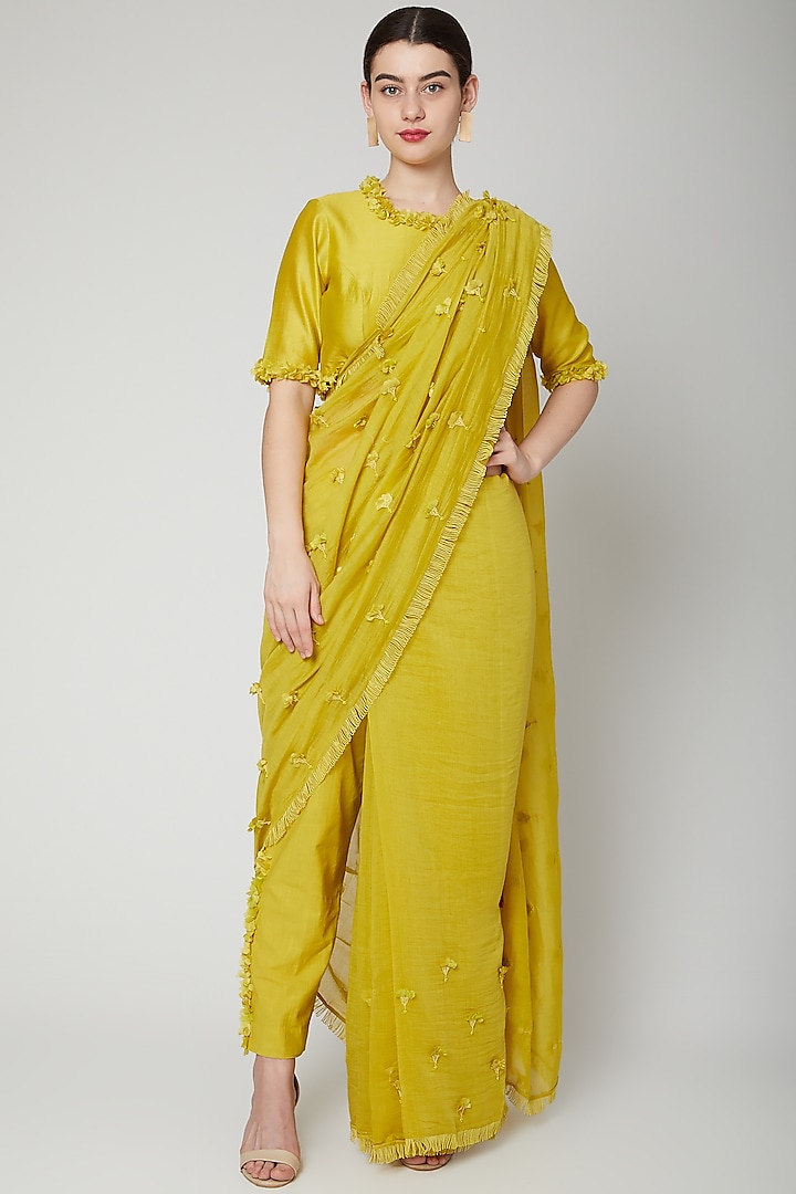 Lime Yellow Embroidered Saree Set by ILK by Shikha and Vinita