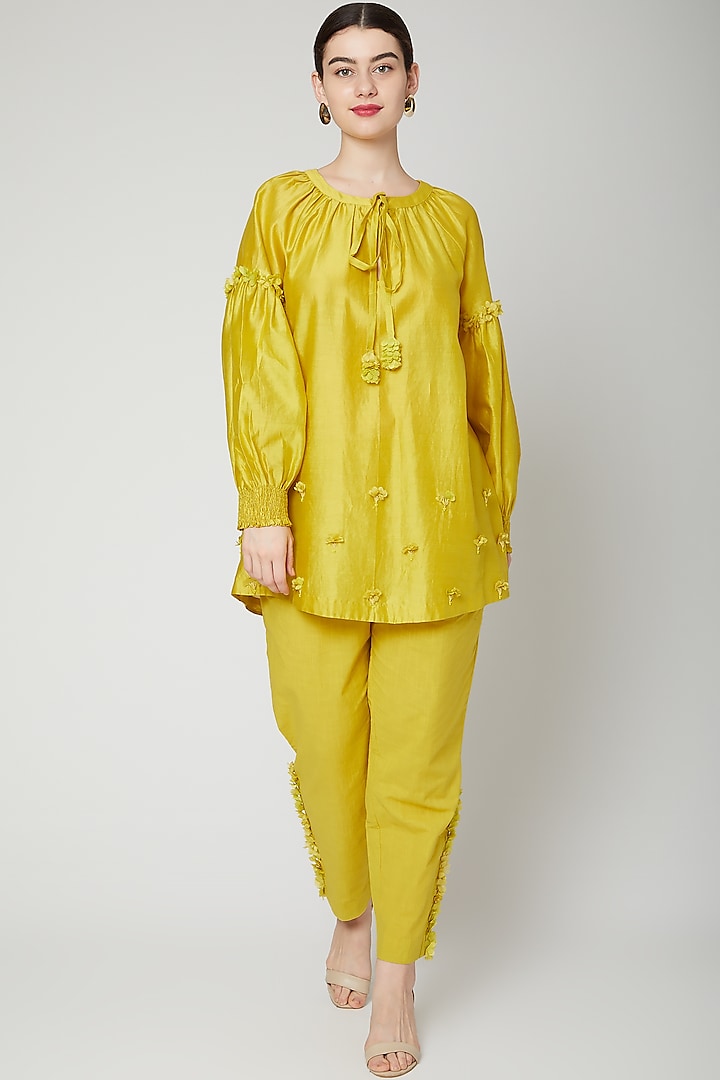 Lime Yellow Embroidered Pant Set by ILK by Shikha and Vinita