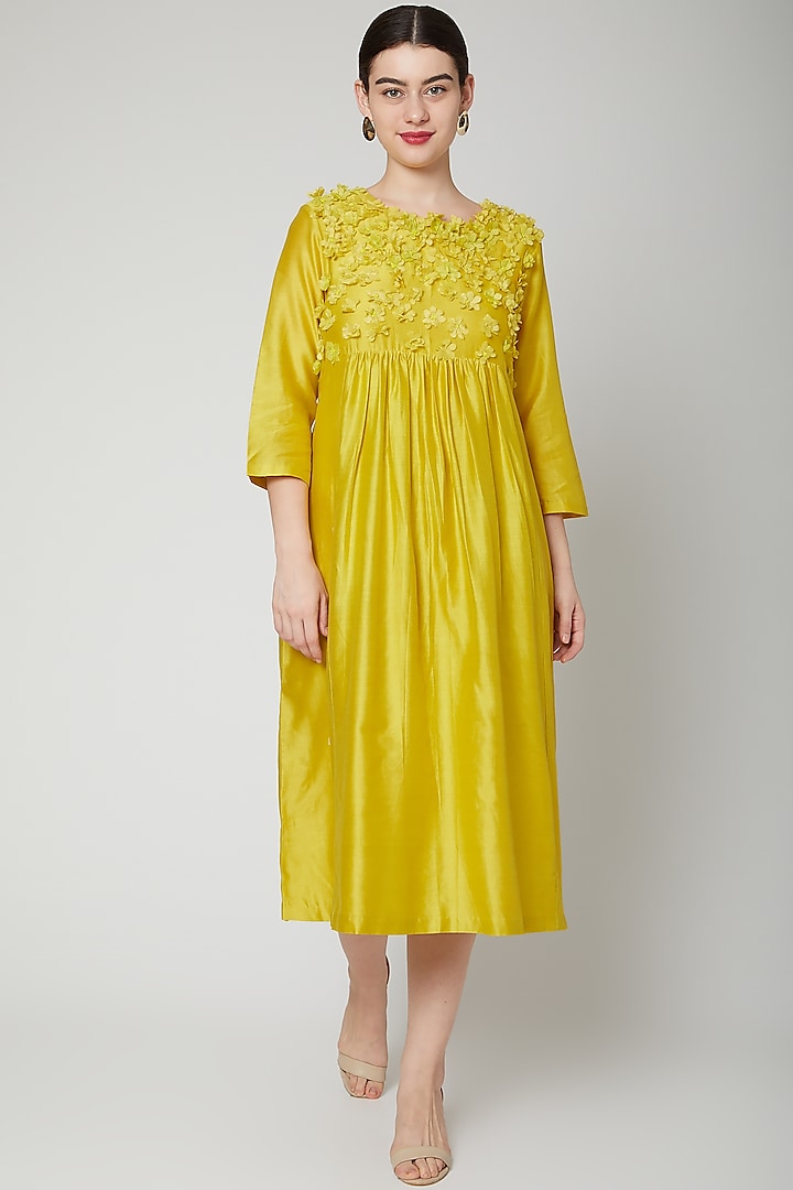 Lime Yellow Embroidered & Gathered Dress by ILK by Shikha and Vinita