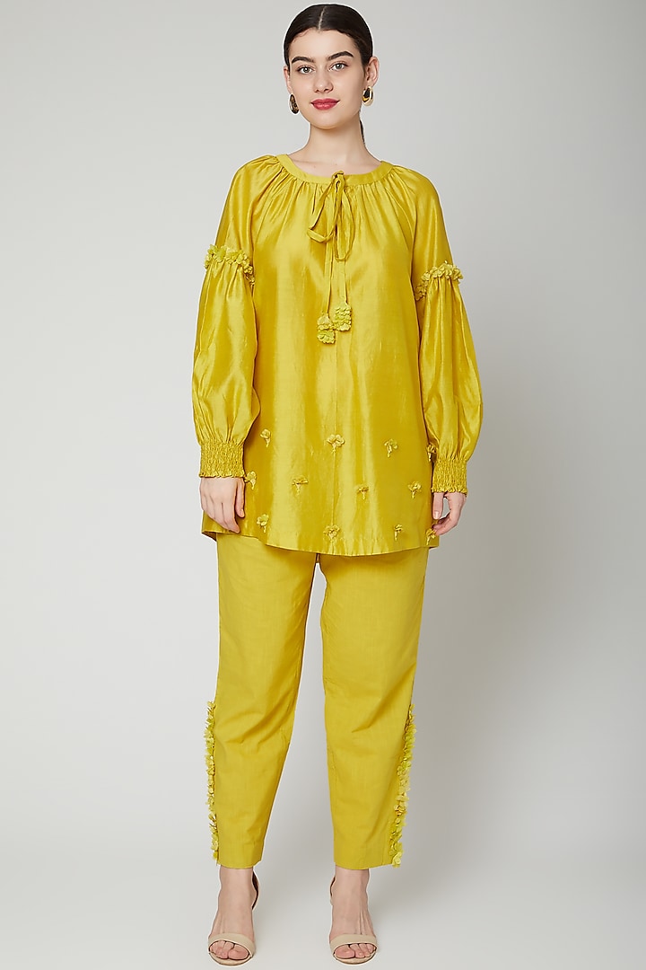 Lime Yellow Embroidered Pants by ILK by Shikha and Vinita