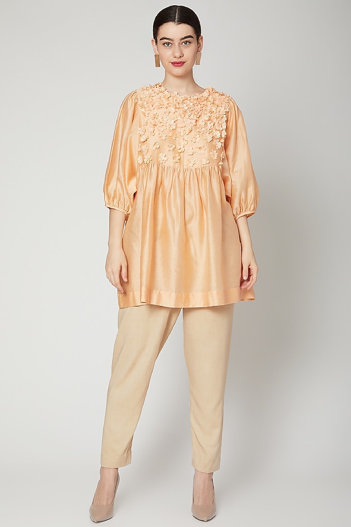 Peach Embroidered & Gathered Top by ILK by Shikha and Vinita