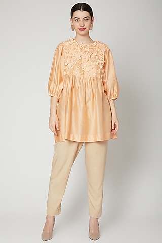 Peach Embroidered & Gathered Top by ILK by Shikha and Vinita