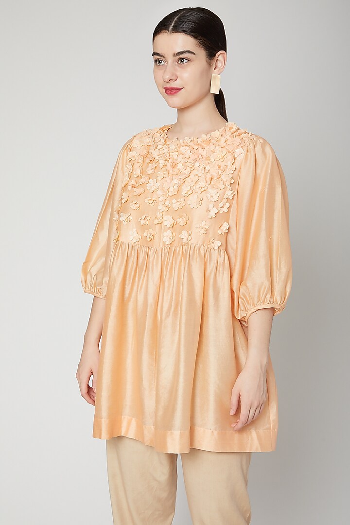 Peach Embroidered & Gathered Top by ILK by Shikha and Vinita at Pernia's Pop Up Shop