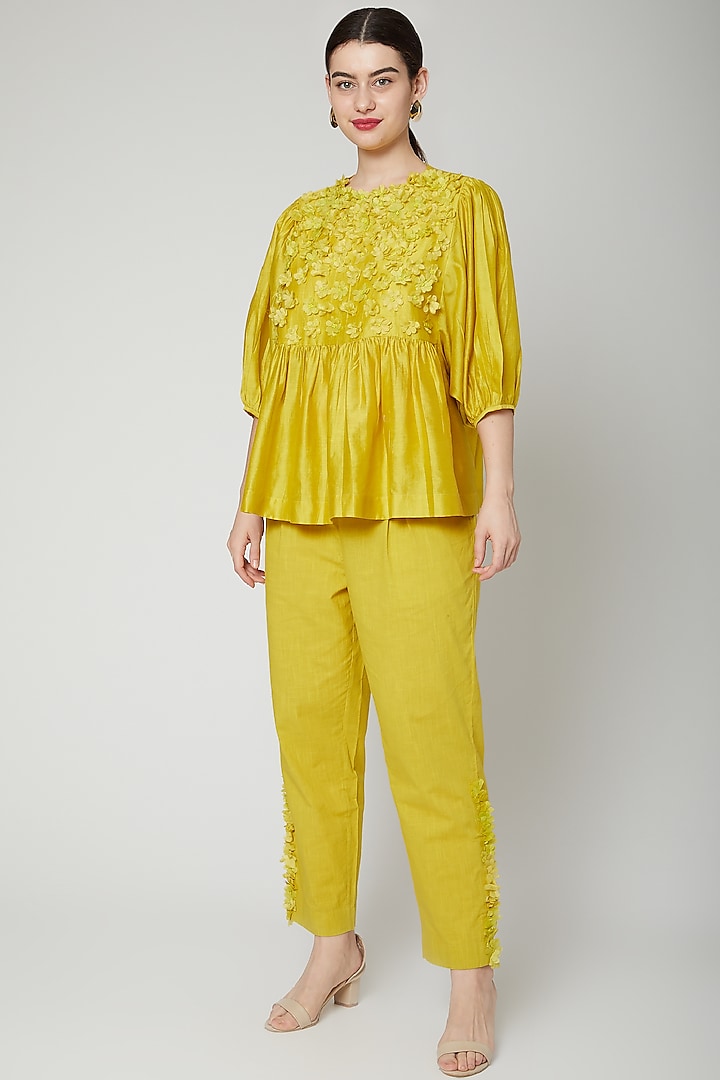 Lime Yellow Floral Embroidered Top by ILK by Shikha and Vinita