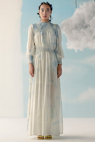 Ice Blue & Off-White Printed Smocked Gown by ILk by Shikha and Vinita