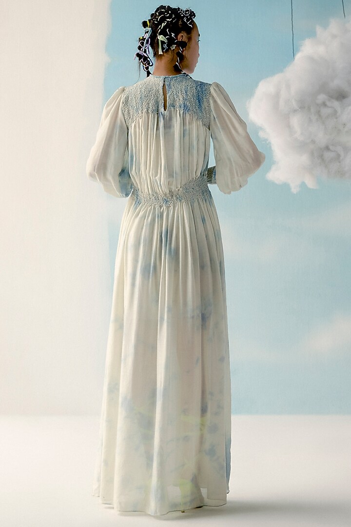 Ice Blue & Off-White Printed Smocked Gown by ILk by Shikha and Vinita at Pernia's Pop Up Shop