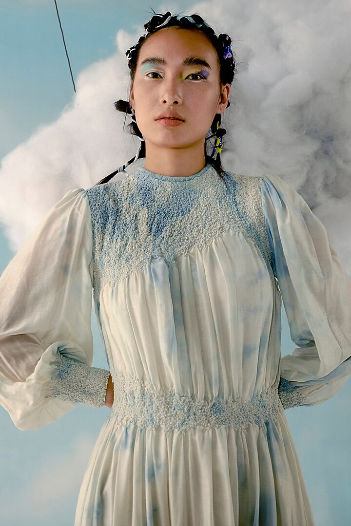 Ice Blue & Off-White Printed Smocked Gown by ILk by Shikha and Vinita at Pernia's Pop Up Shop