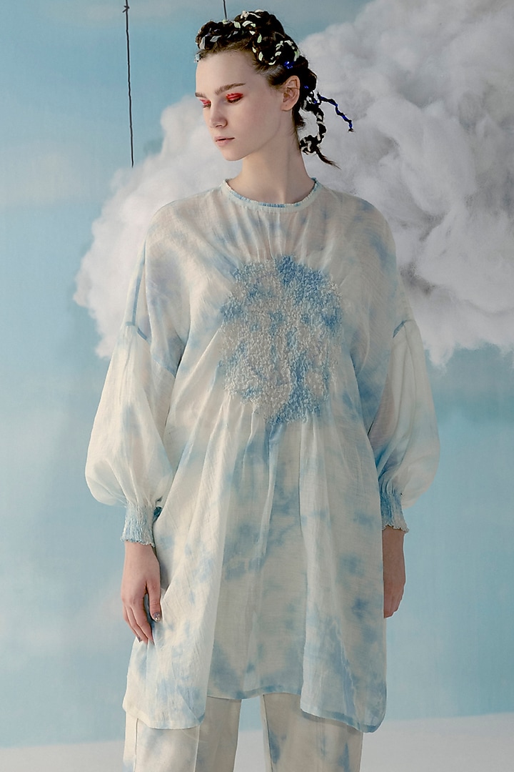 Ice Blue & Off-White Printed Tunic by ILk by Shikha and Vinita
