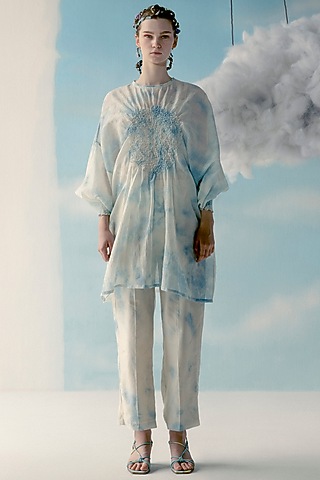 Ice Blue & Off-White Printed Pants by ILk by Shikha and Vinita