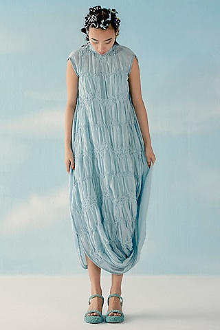 Ice Blue & Off-white Smocked Tiered Twisted Dress by ILk by Shikha and Vinita