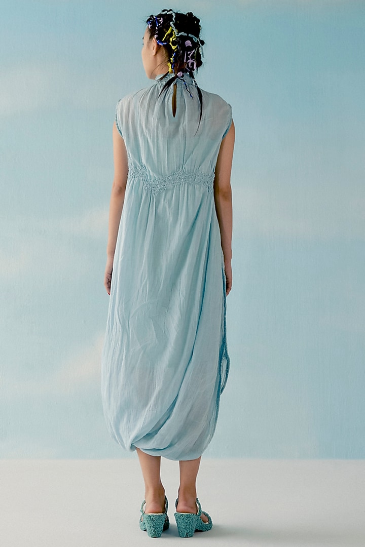Ice Blue & Off-white Smocked Tiered Twisted Vacation Dress by ILk by Shikha and Vinita at Pernia's Pop Up Shop