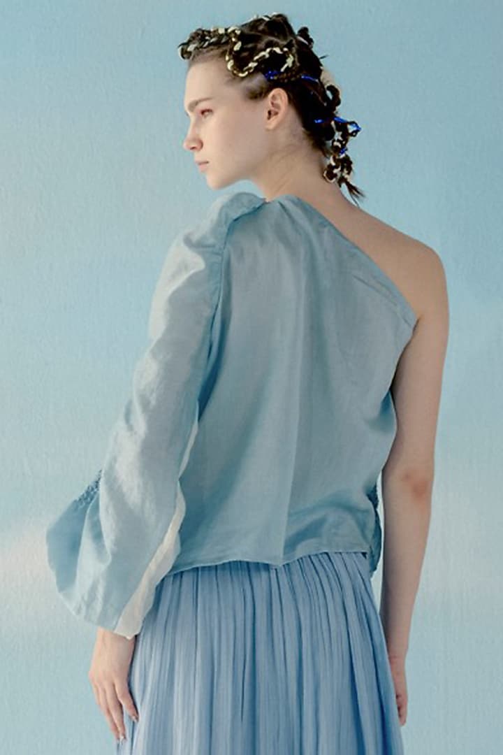 Ice Blue & Off-White One Shoulder Top by ILk by Shikha and Vinita at Pernia's Pop Up Shop