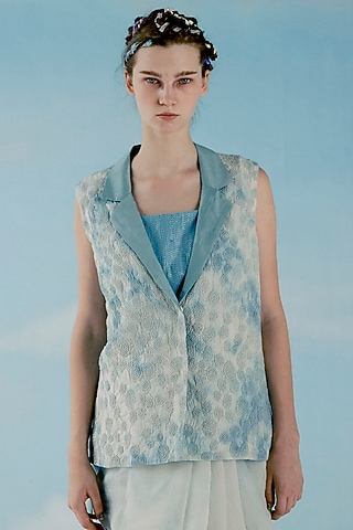 Ice Blue Printed Smocked Jacket by ILk by Shikha and Vinita