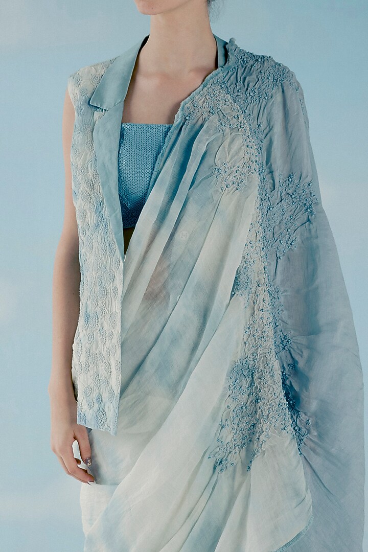 Ice Blue Printed Smocked Jacket by ILk by Shikha and Vinita at Pernia's Pop Up Shop