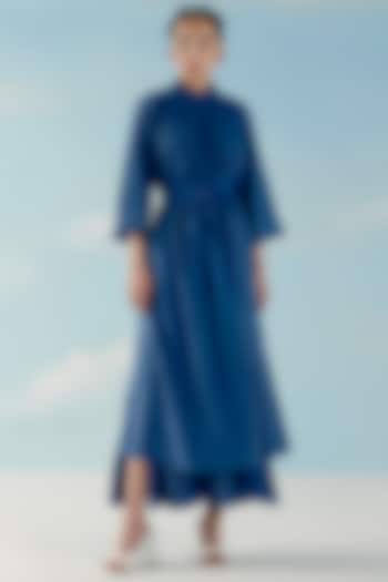 Smoke Blue Smocked & Gathered Pom Pom Vacation Dress by ILk by Shikha and Vinita at Pernia's Pop Up Shop