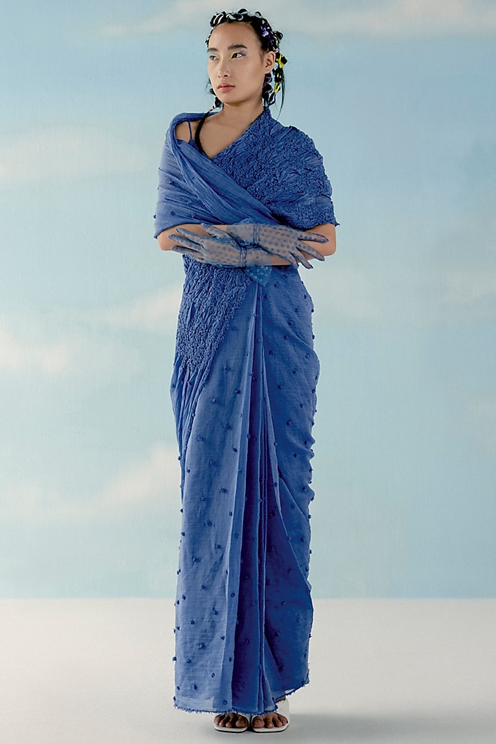 Ice Blue Chanderi Smocked Saree by ILK by Shikha and Vinita