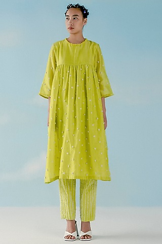 Neon Yellow Chanderi Gathered Kurta by ILK by Shikha and Vinita