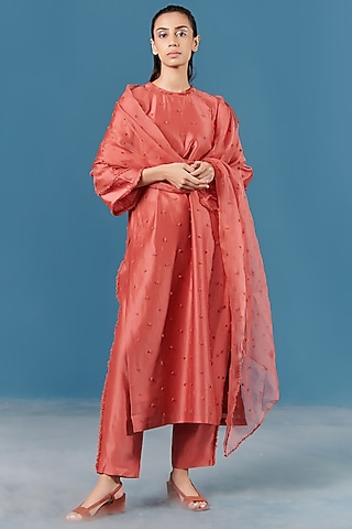Brick Dust Embroidered Kurta Set by ILK by Shikha and Vinita