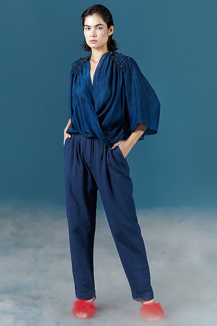 Teal Blue Crepe Twist Top by ILK by Shikha and Vinita at Pernia's Pop Up Shop