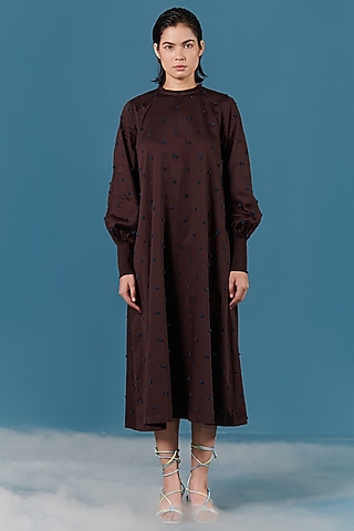 Coffee Bean Poplin Midi Dress by ILK by Shikha and Vinita