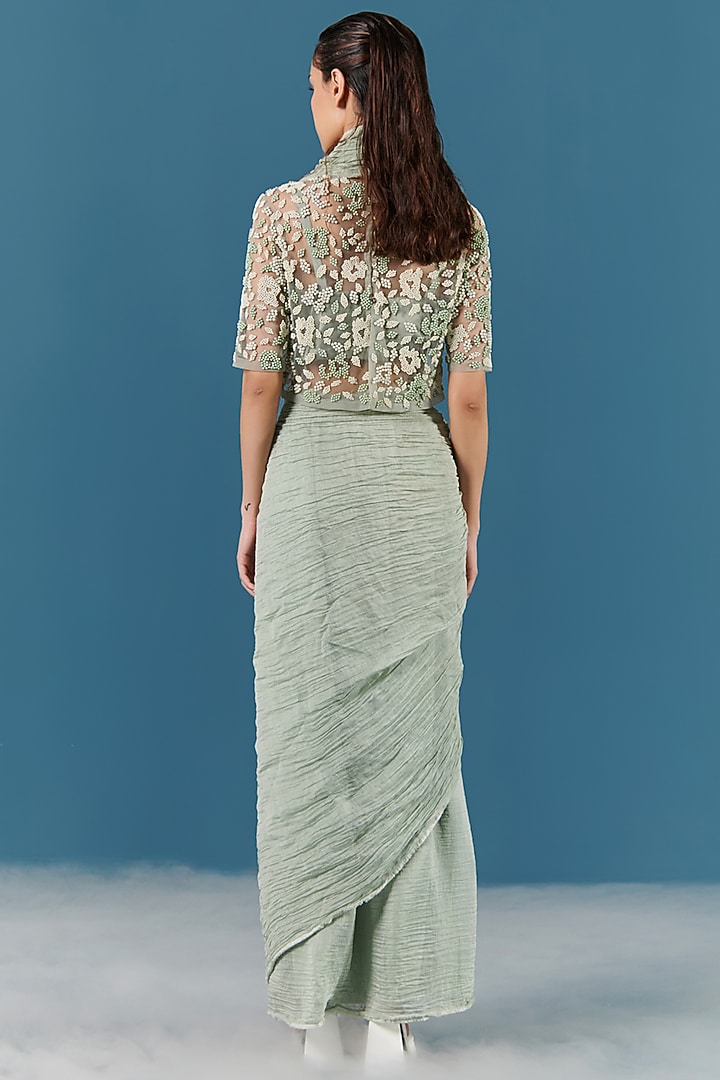 Green Silk Chanderi Pre-Stitched Party Wear Saree by ILK by Shikha and Vinita at Pernia's Pop Up Shop