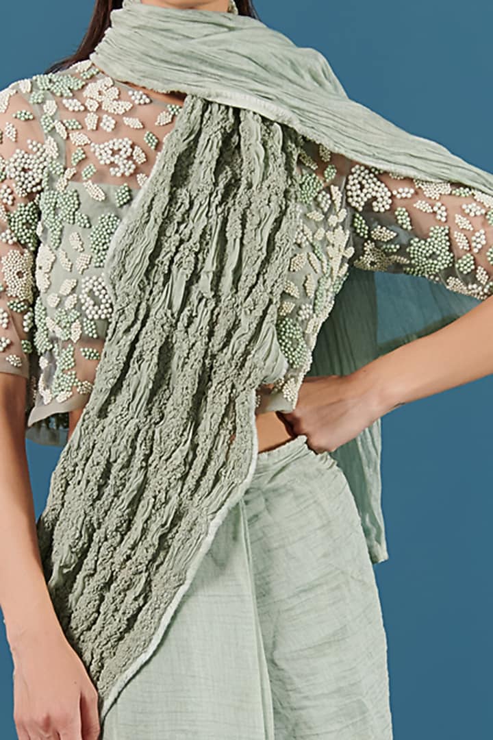 Green Silk Chanderi Pre-Stitched Party Wear Saree by ILK by Shikha and Vinita at Pernia's Pop Up Shop