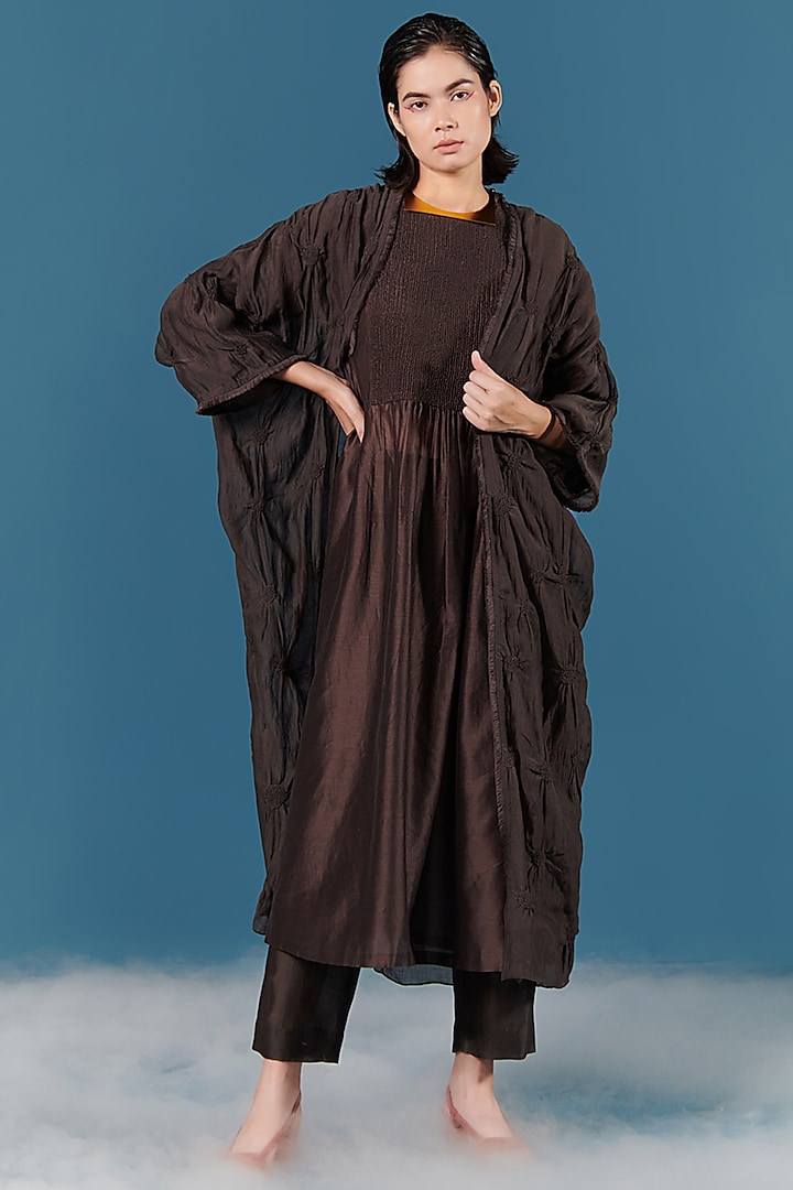 Black Smocked Cape With Kurta Set by ILk by Shikha and Vinita