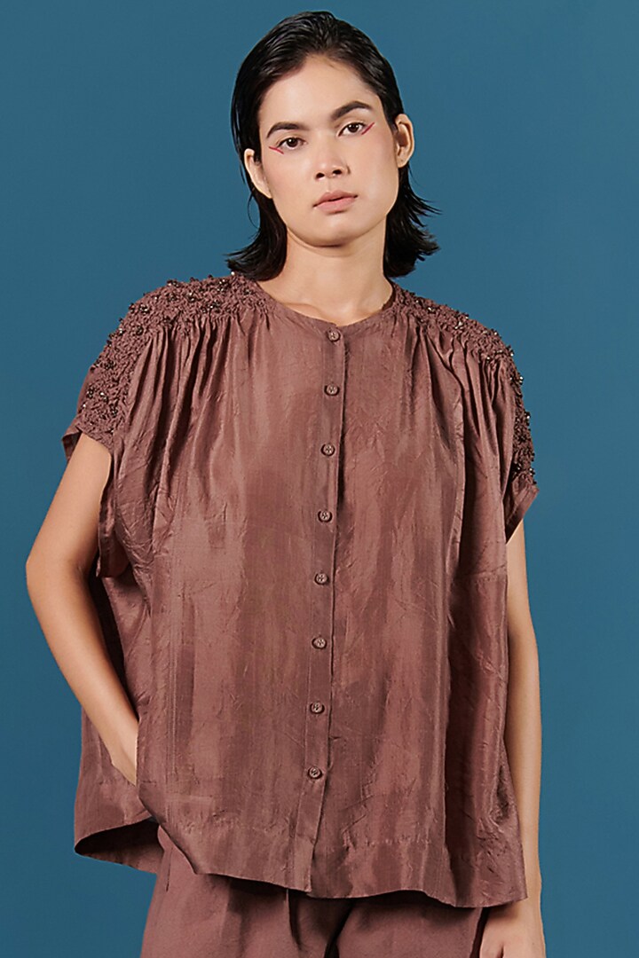 Beige Embroidered Smocked Shirt by ILk by Shikha and Vinita at Pernia's Pop Up Shop