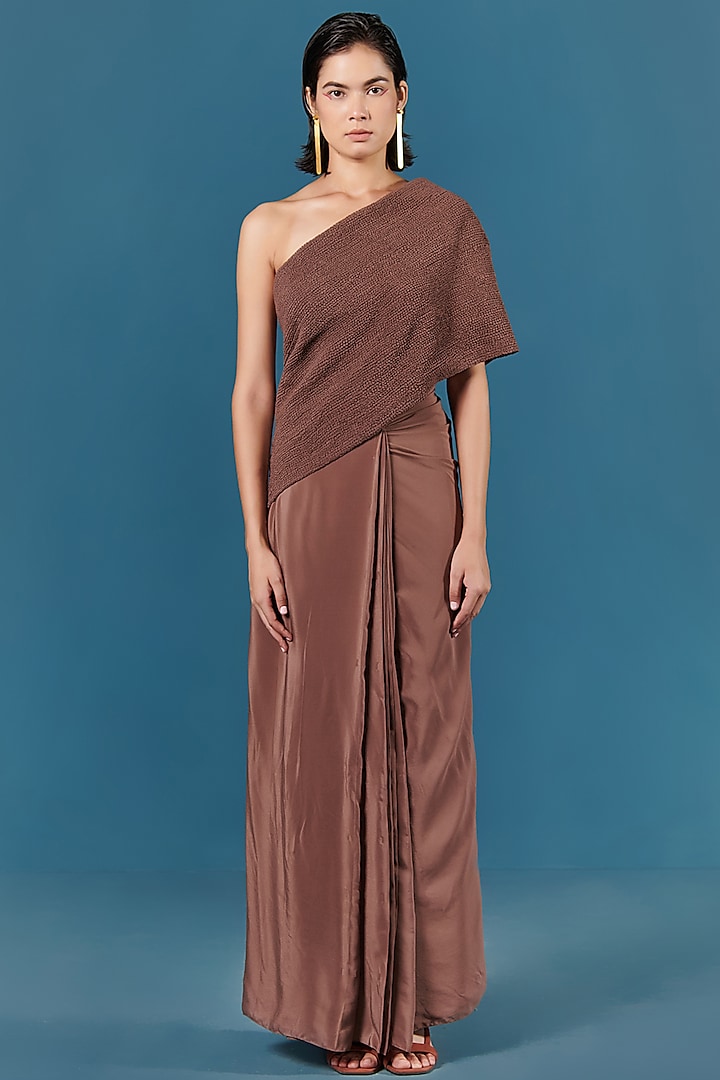 Beige Crepe Saree Dress by ILk by Shikha and Vinita at Pernia's Pop Up Shop