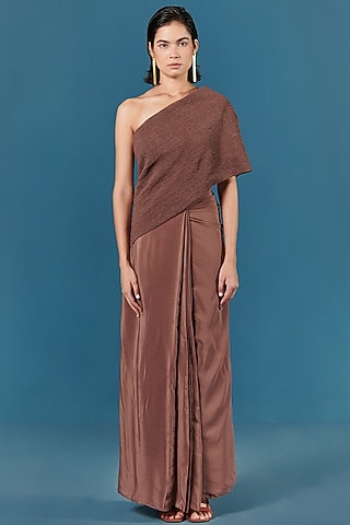 Beige Crepe Saree Dress by ILk by Shikha and Vinita