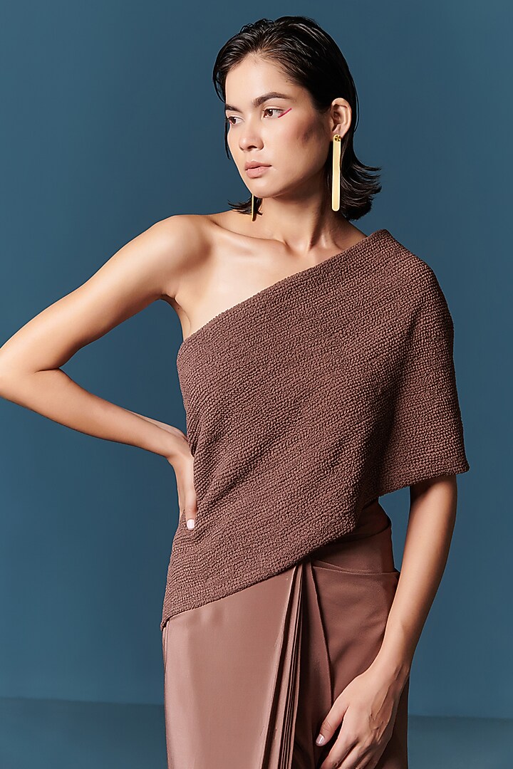Beige Crepe Party Wear Saree Dress by ILk by Shikha and Vinita at Pernia's Pop Up Shop