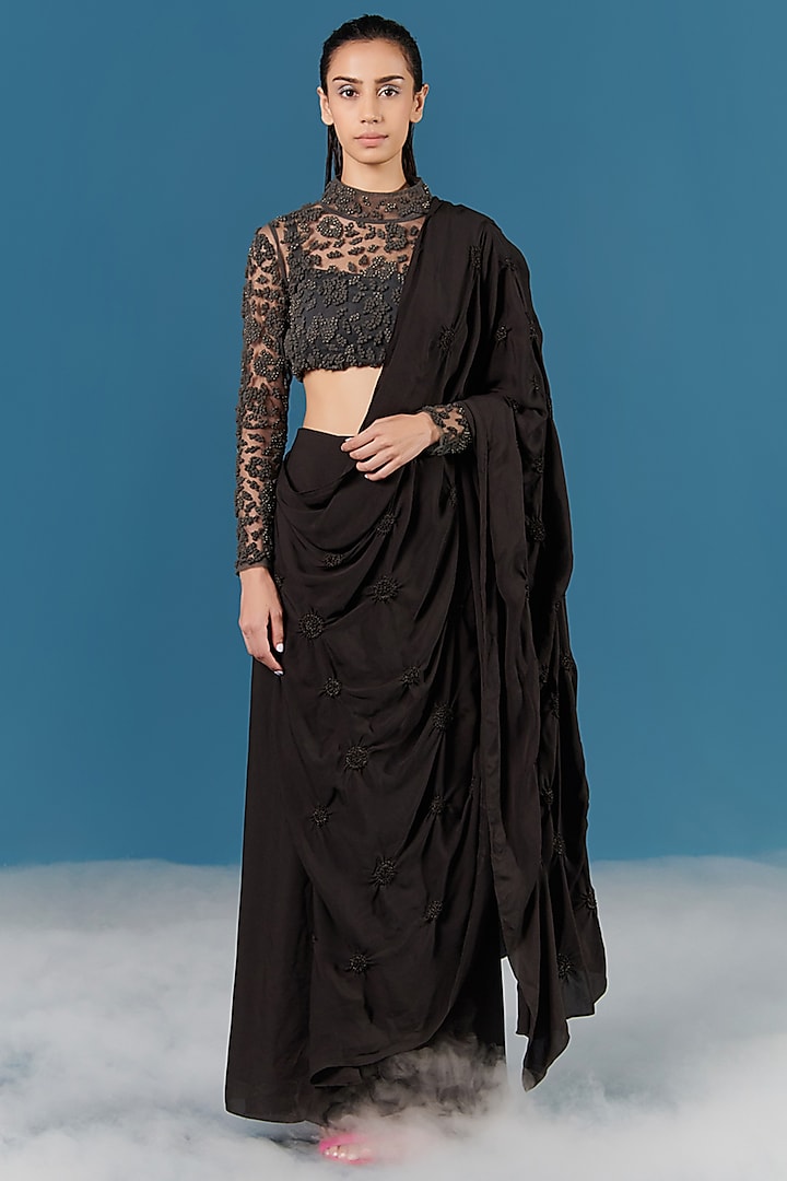 Black Smocked Draped Saree by ILk by Shikha and Vinita