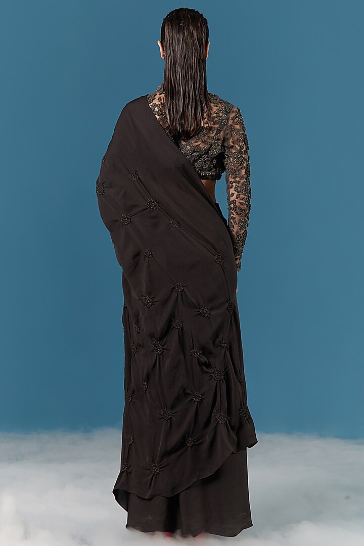 Black Smocked Draped Party Wear Saree by ILk by Shikha and Vinita at Pernia's Pop Up Shop